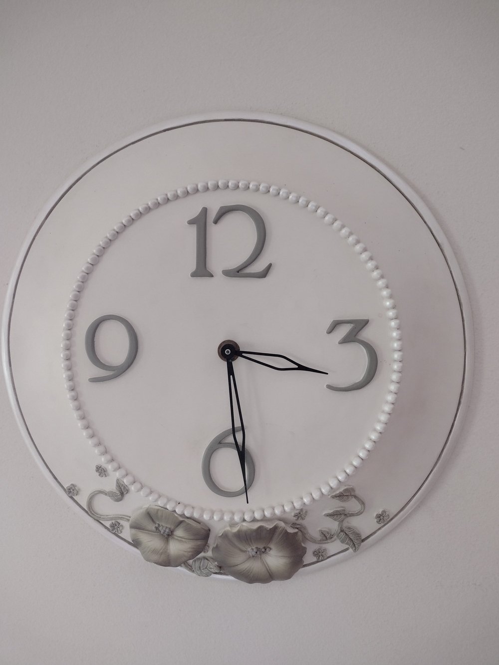 Decorative Cream ceramic Wall Clock 13" with Gray Numerals and Floral Detail